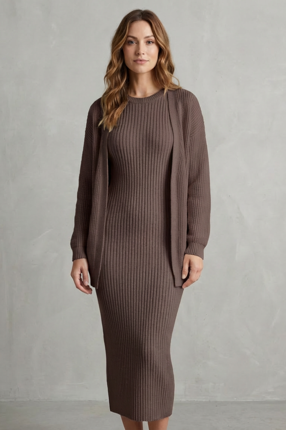 Aurelia – Ribbed Knit Sweater Dress Set – 2-Piece Slim-Fit Cardigan Ensemble-10494046863703-OLVIA ROSE LONDON