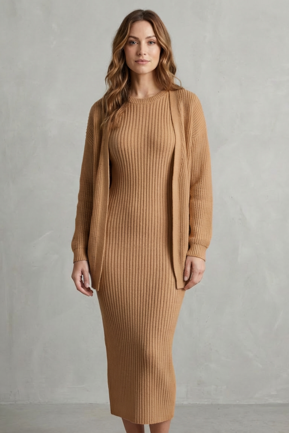 Aurelia – Ribbed Knit Sweater Dress Set – 2-Piece Slim-Fit Cardigan Ensemble-10494046863703-OLVIA ROSE LONDON