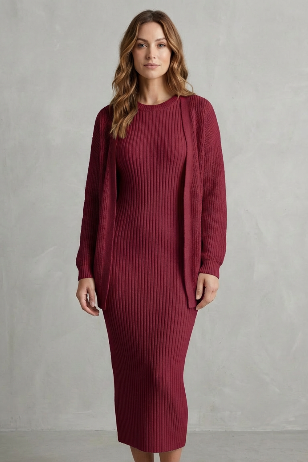 Aurelia – Ribbed Knit Sweater Dress Set – 2-Piece Slim-Fit Cardigan Ensemble-10494046863703-OLVIA ROSE LONDON