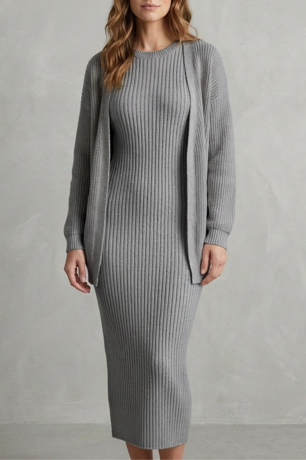 Aurelia – Ribbed Knit Sweater Dress Set – 2-Piece Slim-Fit Cardigan Ensemble-10494046863703-OLVIA ROSE LONDON