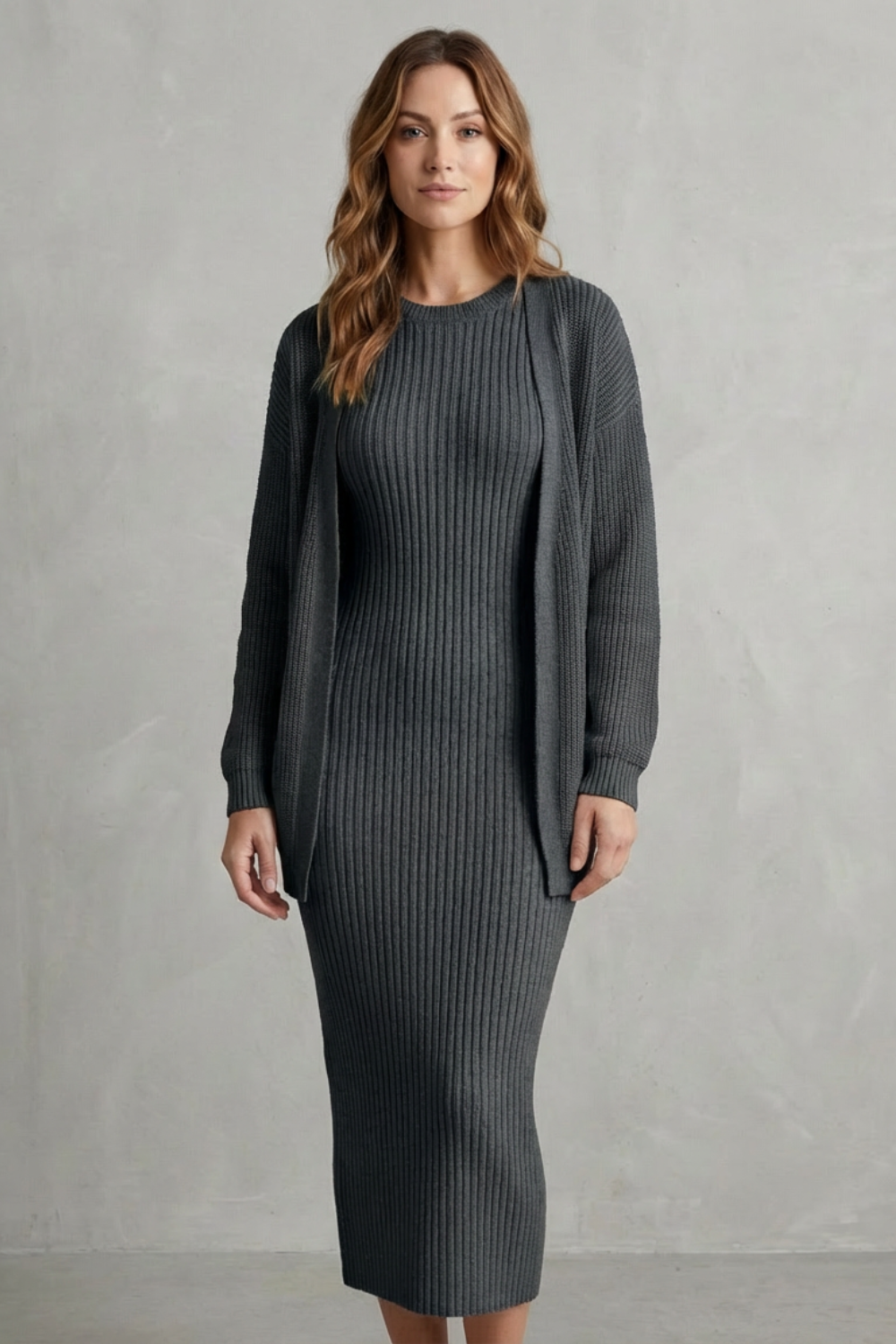 Aurelia – Ribbed Knit Sweater Dress Set – 2-Piece Slim-Fit Cardigan Ensemble-10494046863703-OLVIA ROSE LONDON