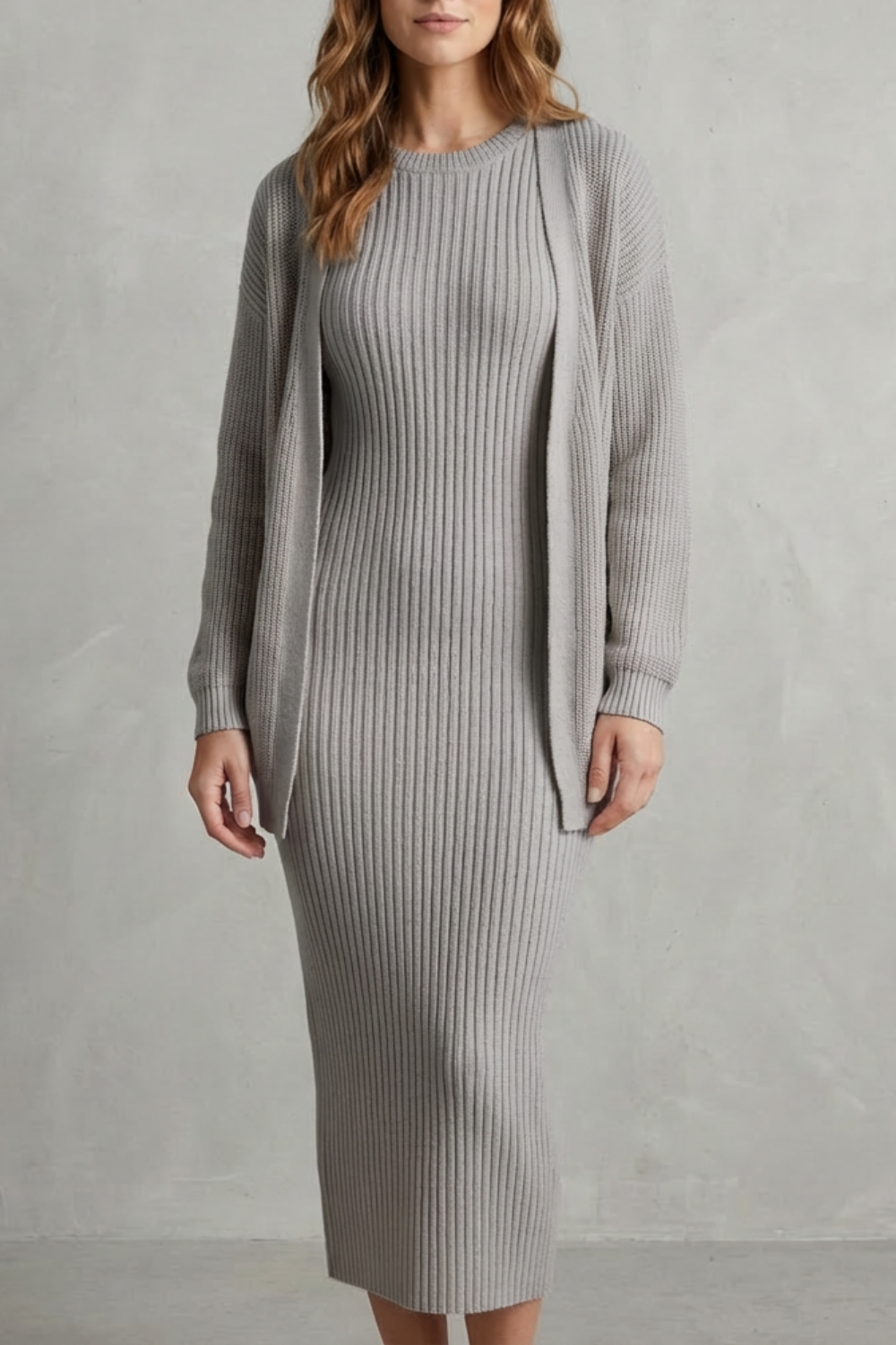 Aurelia – Ribbed Knit Sweater Dress Set – 2-Piece Slim-Fit Cardigan Ensemble-10494046863703-OLVIA ROSE LONDON