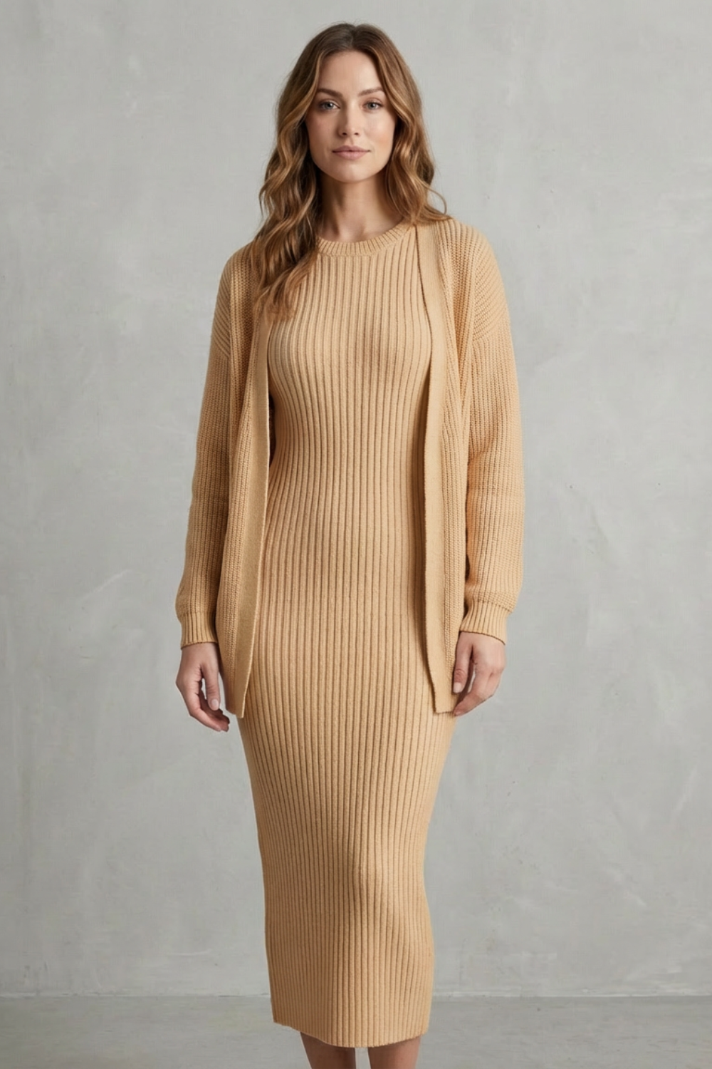 Aurelia – Ribbed Knit Sweater Dress Set – 2-Piece Slim-Fit Cardigan Ensemble-10494046863703-OLVIA ROSE LONDON