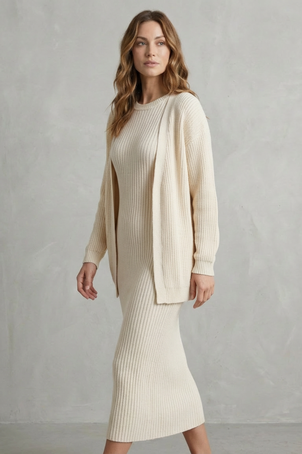Aurelia – Ribbed Knit Sweater Dress Set – 2-Piece Slim-Fit Cardigan Ensemble-10494046863703-OLVIA ROSE LONDON