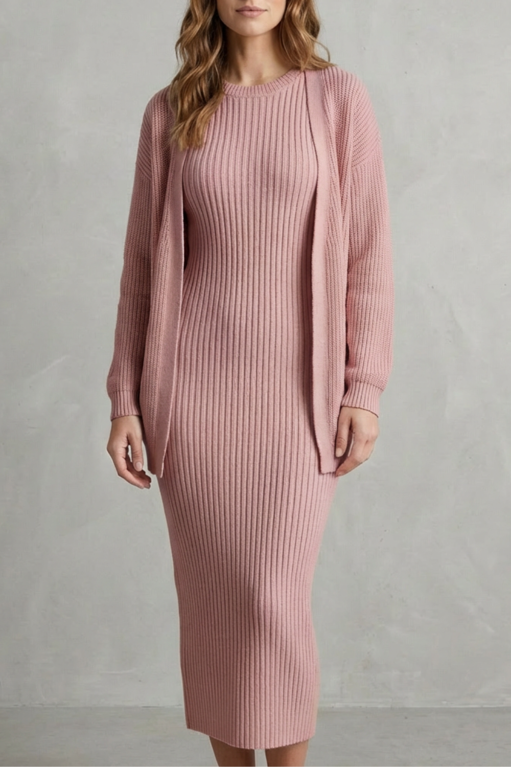 Aurelia – Ribbed Knit Sweater Dress Set – 2-Piece Slim-Fit Cardigan Ensemble-10494046863703-OLVIA ROSE LONDON