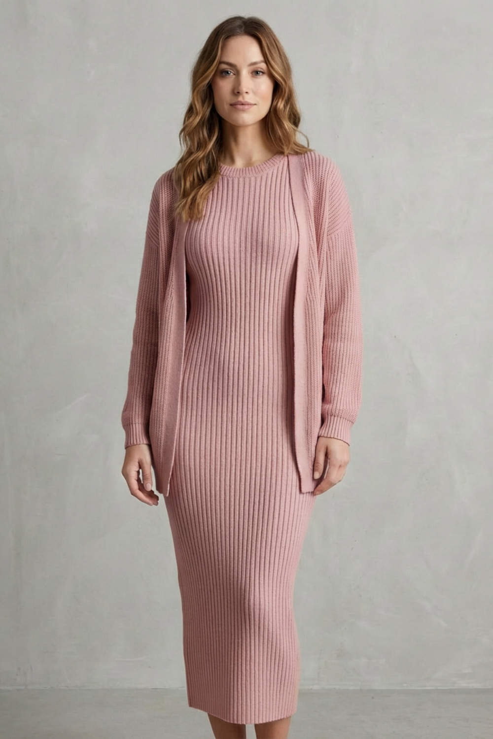 Aurelia – Ribbed Knit Sweater Dress Set – 2-Piece Slim-Fit Cardigan Ensemble-10494046863703-OLVIA ROSE LONDON