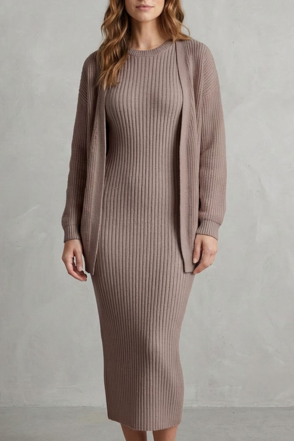 Aurelia – Ribbed Knit Sweater Dress Set – 2-Piece Slim-Fit Cardigan Ensemble-10494046863703-OLVIA ROSE LONDON