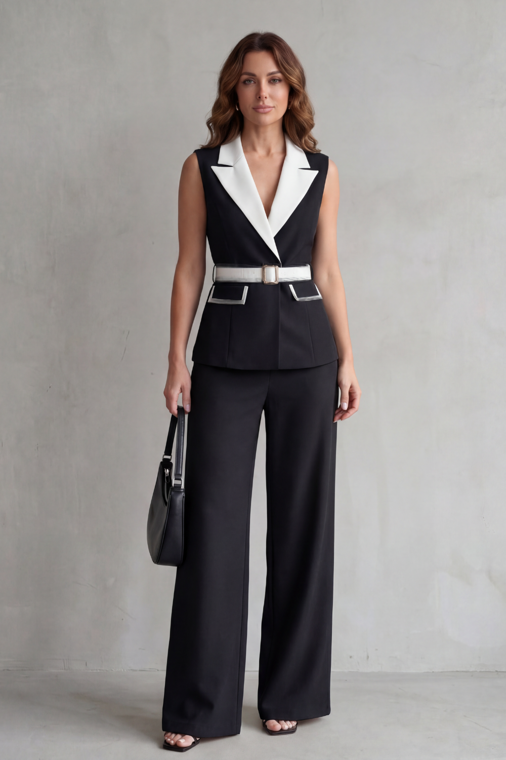 Bellavive – Two-tone lapel – Sleeveless trouser suit-10494036312407-OLVIA ROSE LONDON