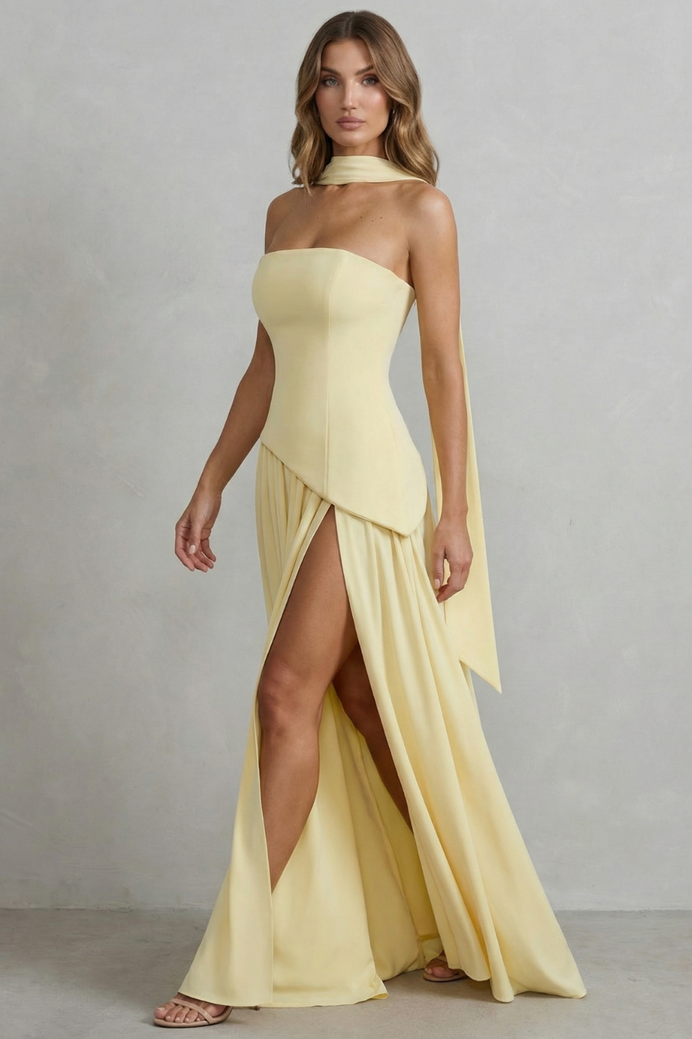 Celestara – Sculpted draped slit – Strapless maxi dress-10598793314647-OLVIA ROSE LONDON