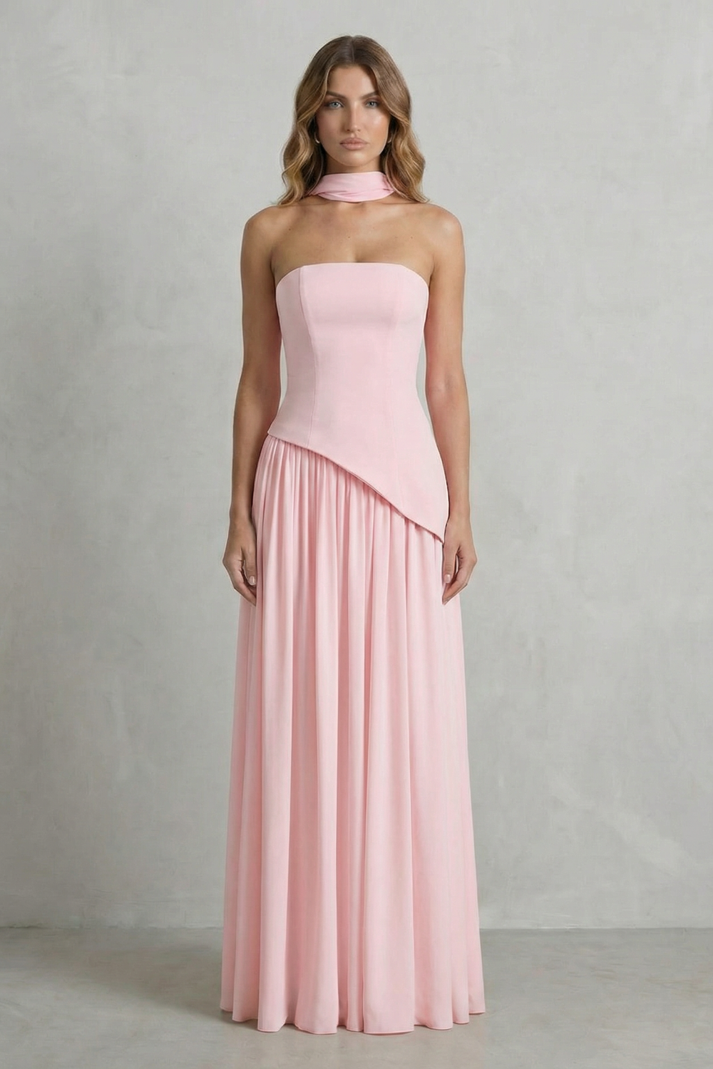 Celestara  Sculpted draped slit  Strapless maxi dress