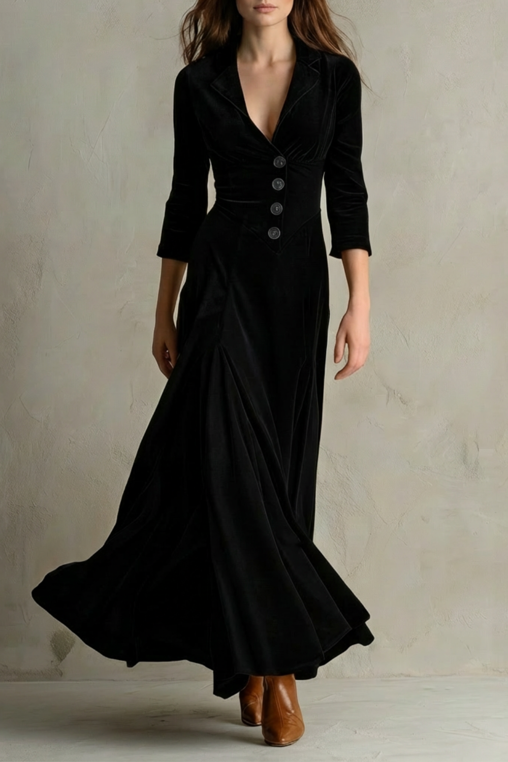 Celeste – Vintage Velvet Long Dress – Elegant Buttoned Swing Skirt with Lapel Detail-10494046798167-OLVIA ROSE LONDON
