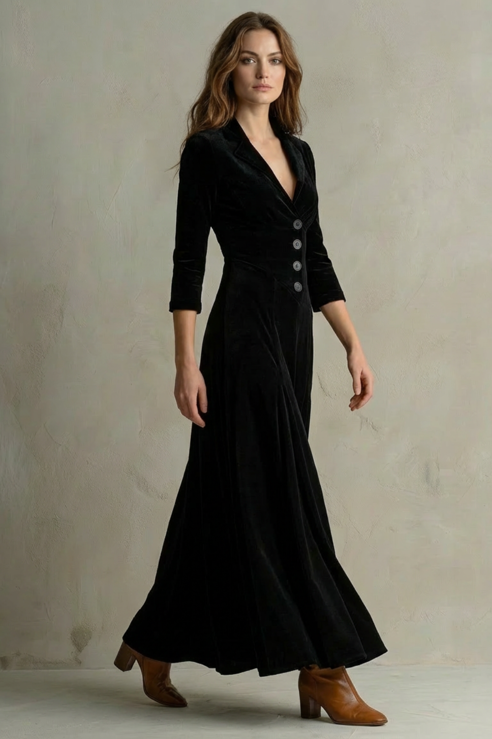 Celeste – Vintage Velvet Long Dress – Elegant Buttoned Swing Skirt with Lapel Detail-10494046798167-OLVIA ROSE LONDON