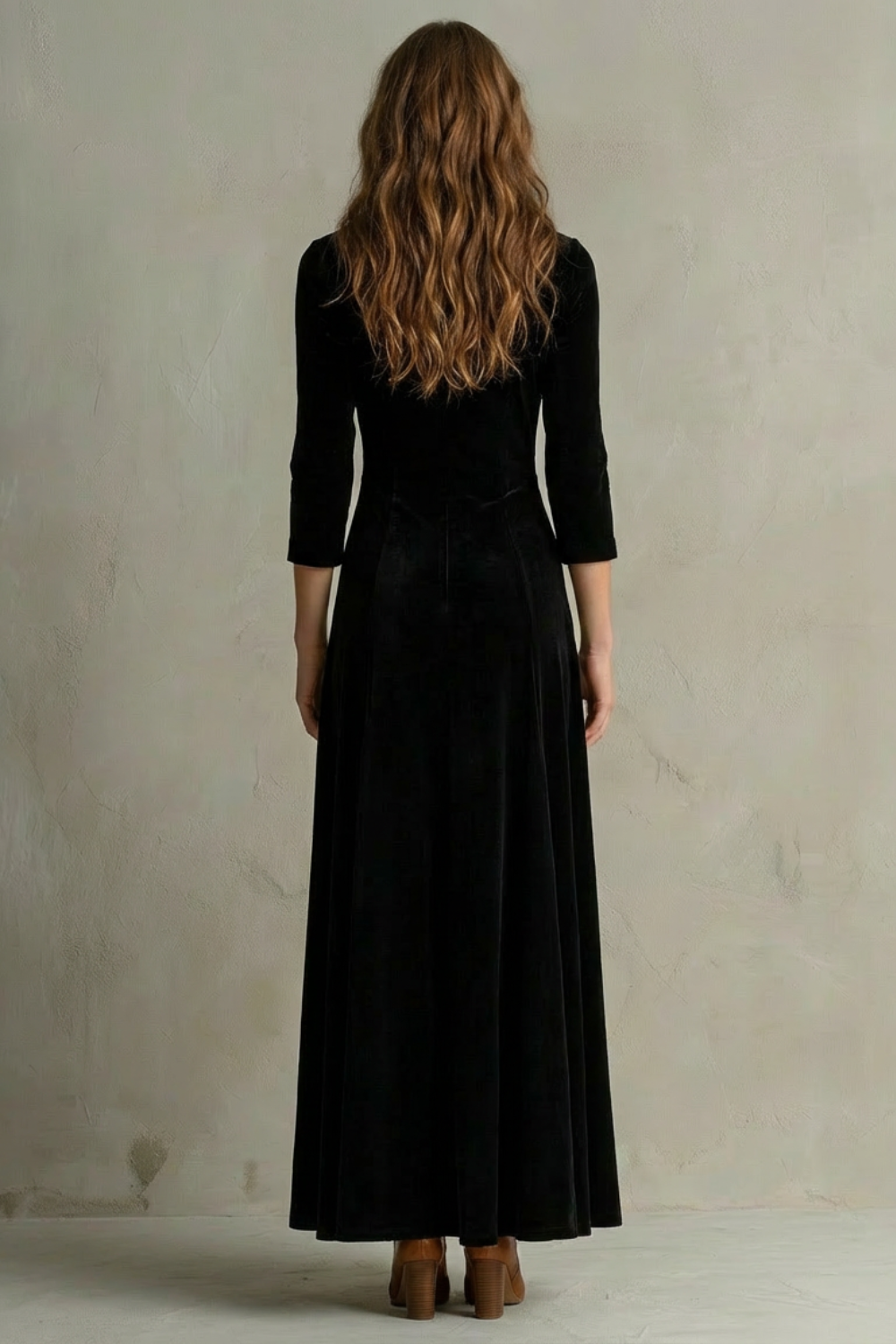 Celeste – Vintage Velvet Long Dress – Elegant Buttoned Swing Skirt with Lapel Detail-10494046798167-OLVIA ROSE LONDON