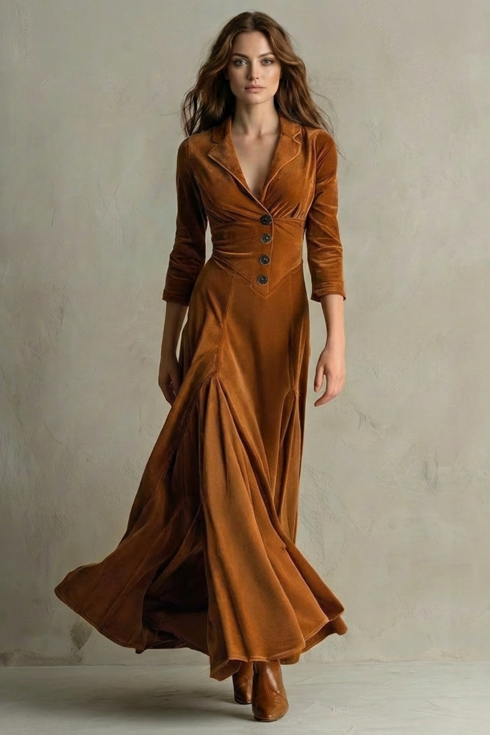 Celeste – Vintage Velvet Long Dress – Elegant Buttoned Swing Skirt with Lapel Detail-10494046798167-OLVIA ROSE LONDON