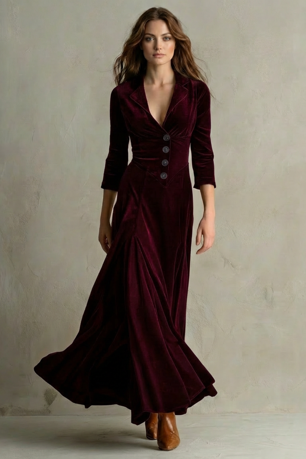 Celeste – Vintage Velvet Long Dress – Elegant Buttoned Swing Skirt with Lapel Detail-10494046798167-OLVIA ROSE LONDON