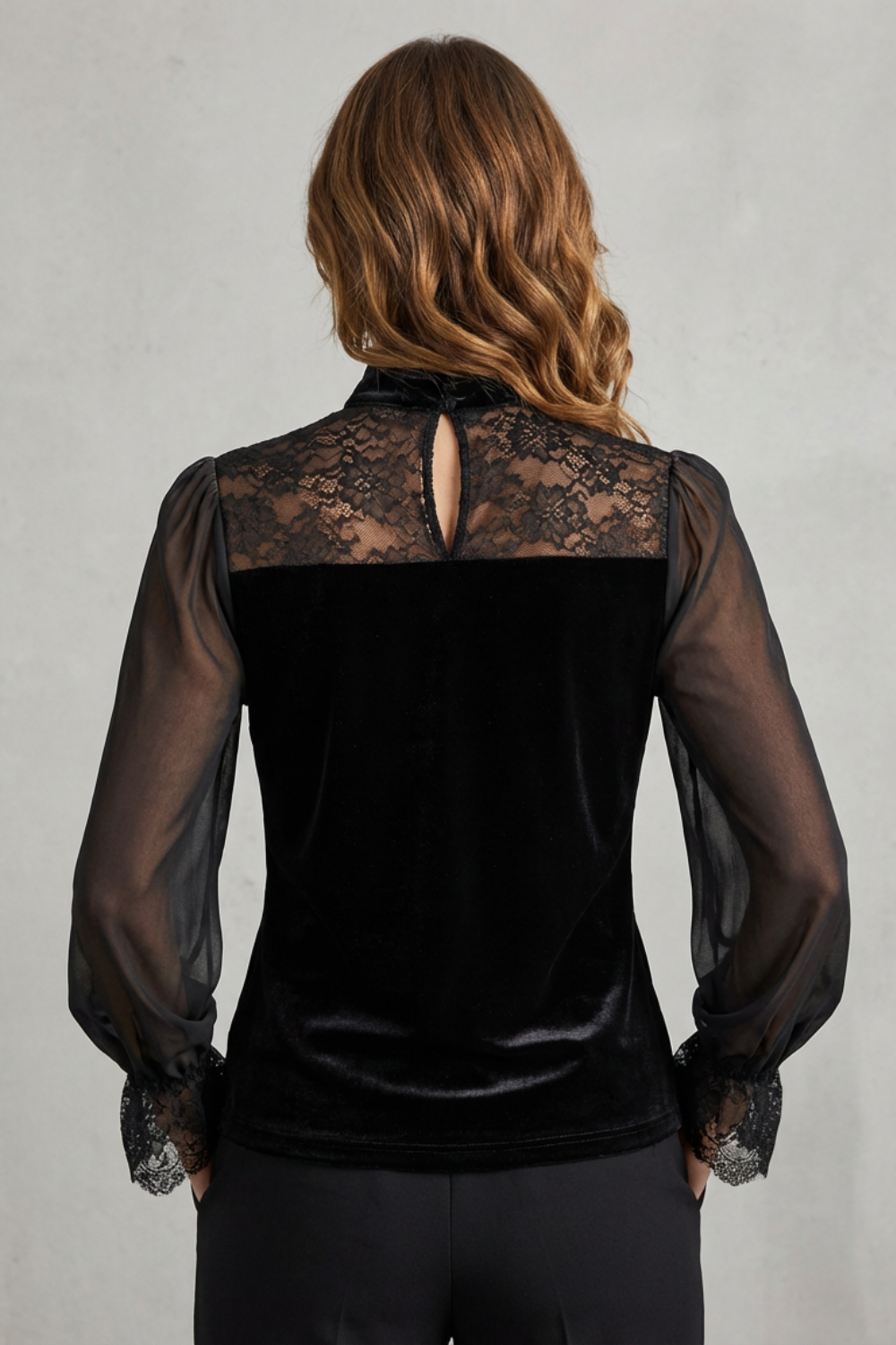 Chalorine – Refined lace trim – Velvet sheer blouse-10497651573079-OLVIA ROSE LONDON