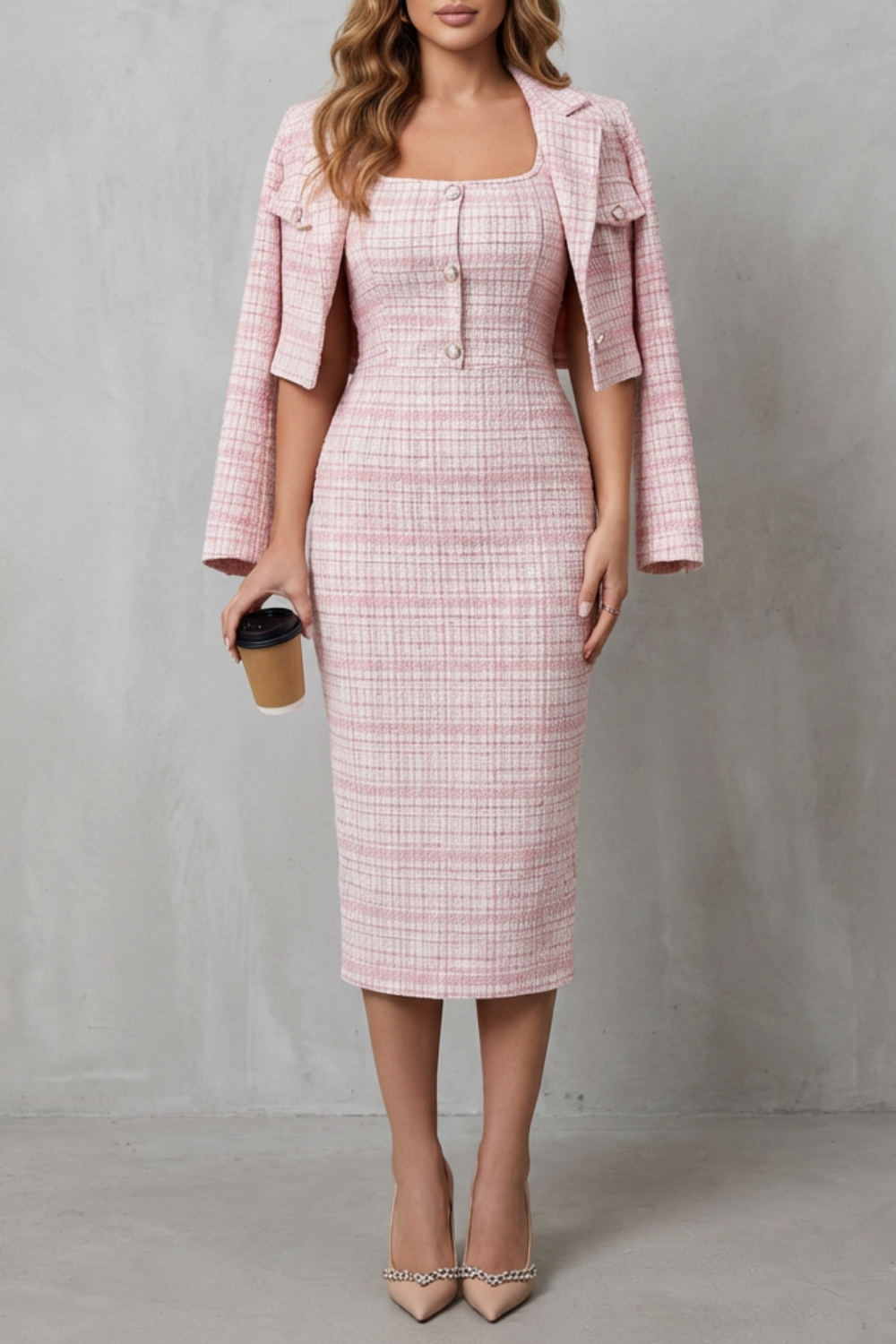 Bellaisie – Elegant plaid tailoring – Two-piece midi dress set-10494057939287-OLVIA ROSE LONDON