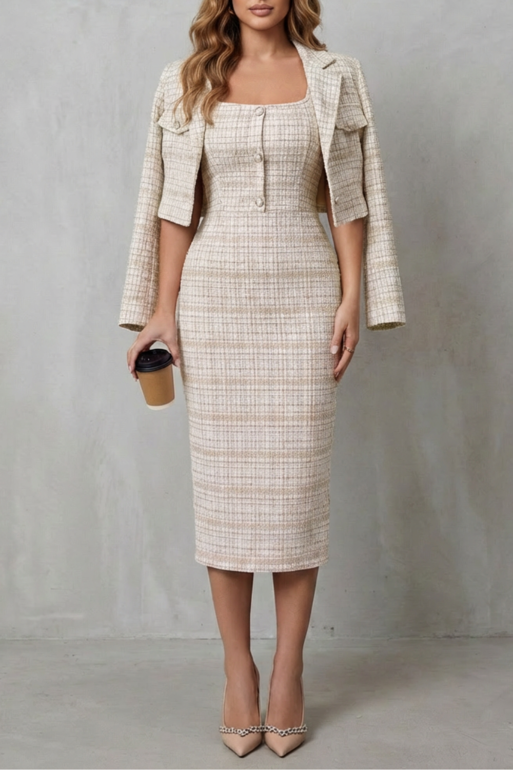 Bellaisie – Elegant plaid tailoring – Two-piece midi dress set-10494057939287-OLVIA ROSE LONDON