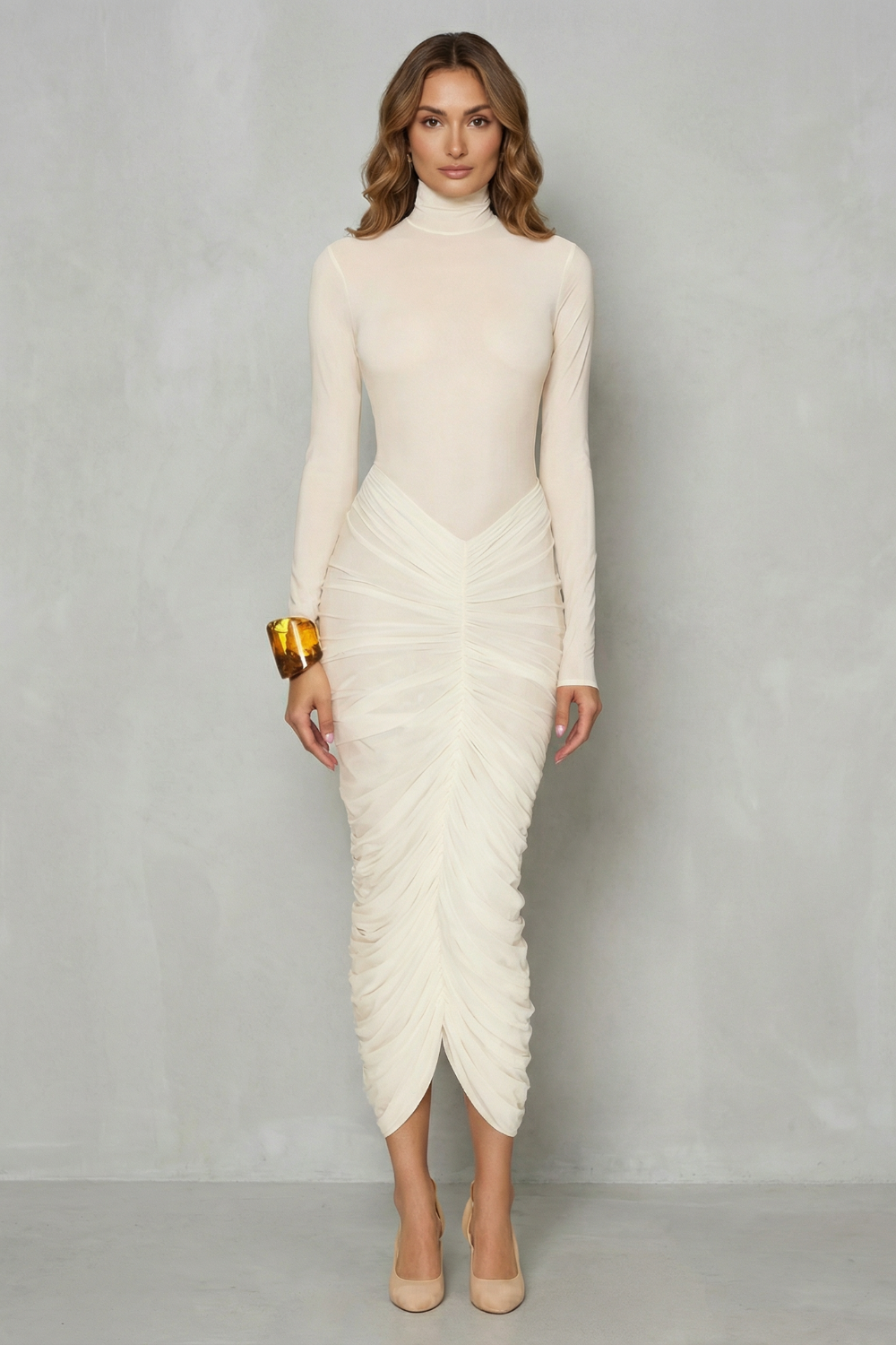 Dahlia – Sculpted elegance – Women’s High Neck Ruched Midi Dress-10601490448727-OLVIA ROSE LONDON