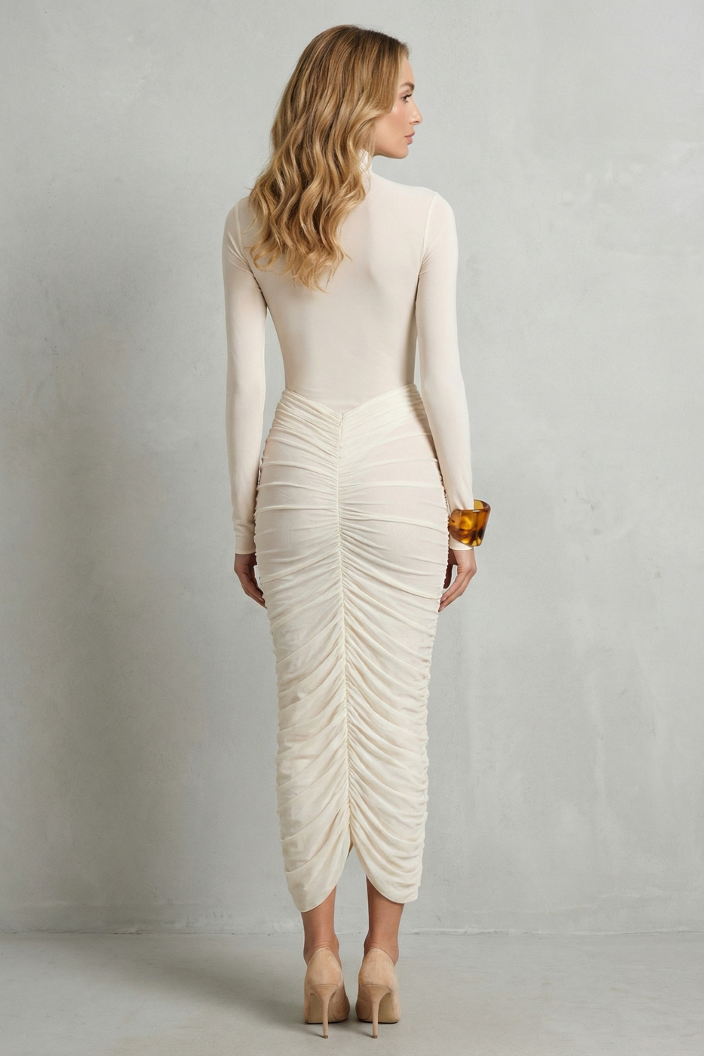 Dahlia – Sculpted elegance – Women’s High Neck Ruched Midi Dress-10601490448727-OLVIA ROSE LONDON