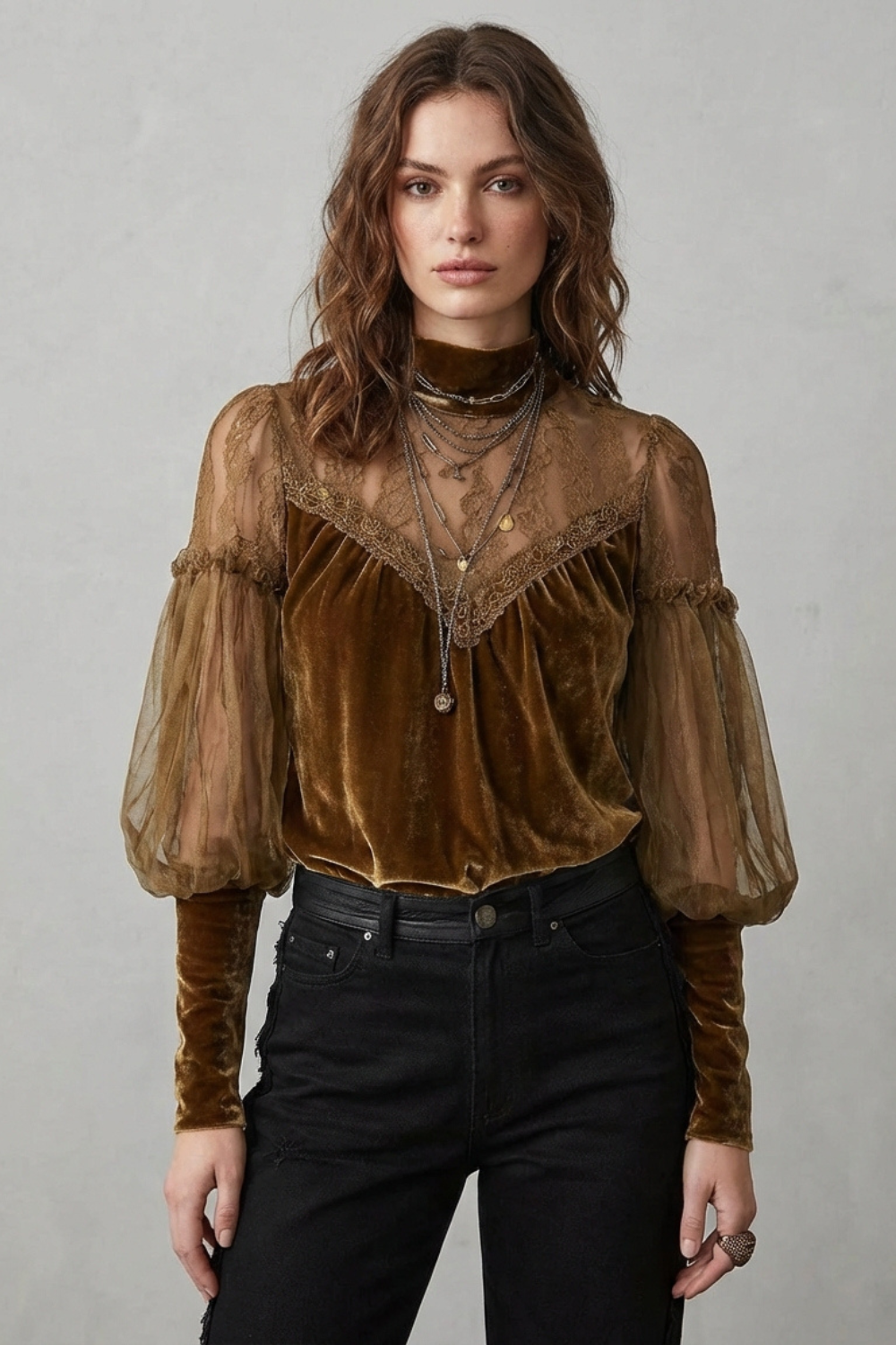 Elayssia – Sheer lace detail – Velvet turtleneck blouse-10497647083863-OLVIA ROSE LONDON