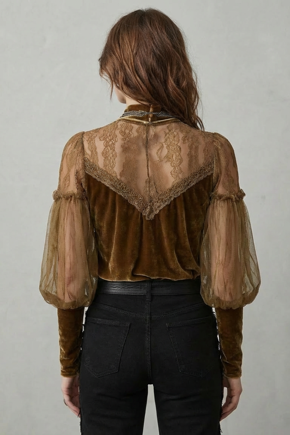 Elayssia – Sheer lace detail – Velvet turtleneck blouse-10497647083863-OLVIA ROSE LONDON