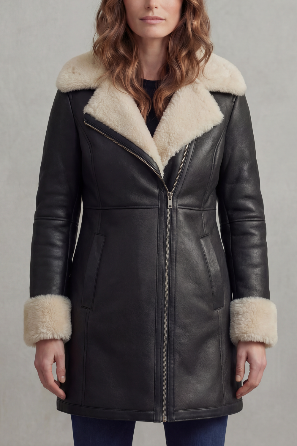 Elisara – Shearling collar – Leather winter coat-10481800511831-OLVIA ROSE LONDON
