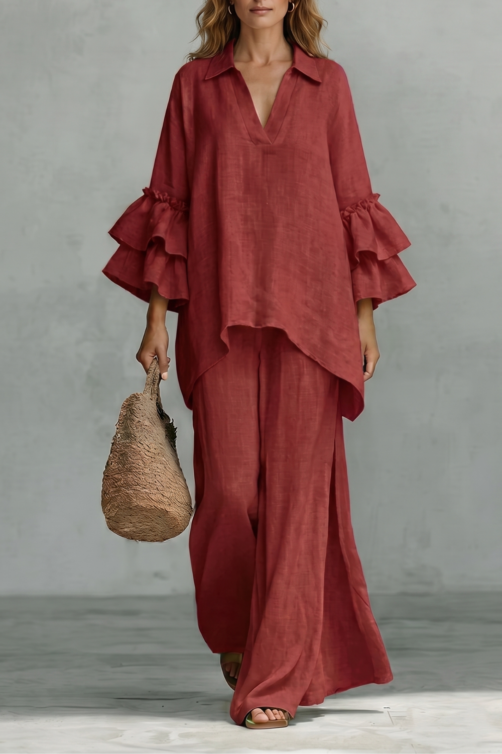 Évienne – Ruffled sleeve ease – Trouser set-10908686123351-OLVIA ROSE LONDON