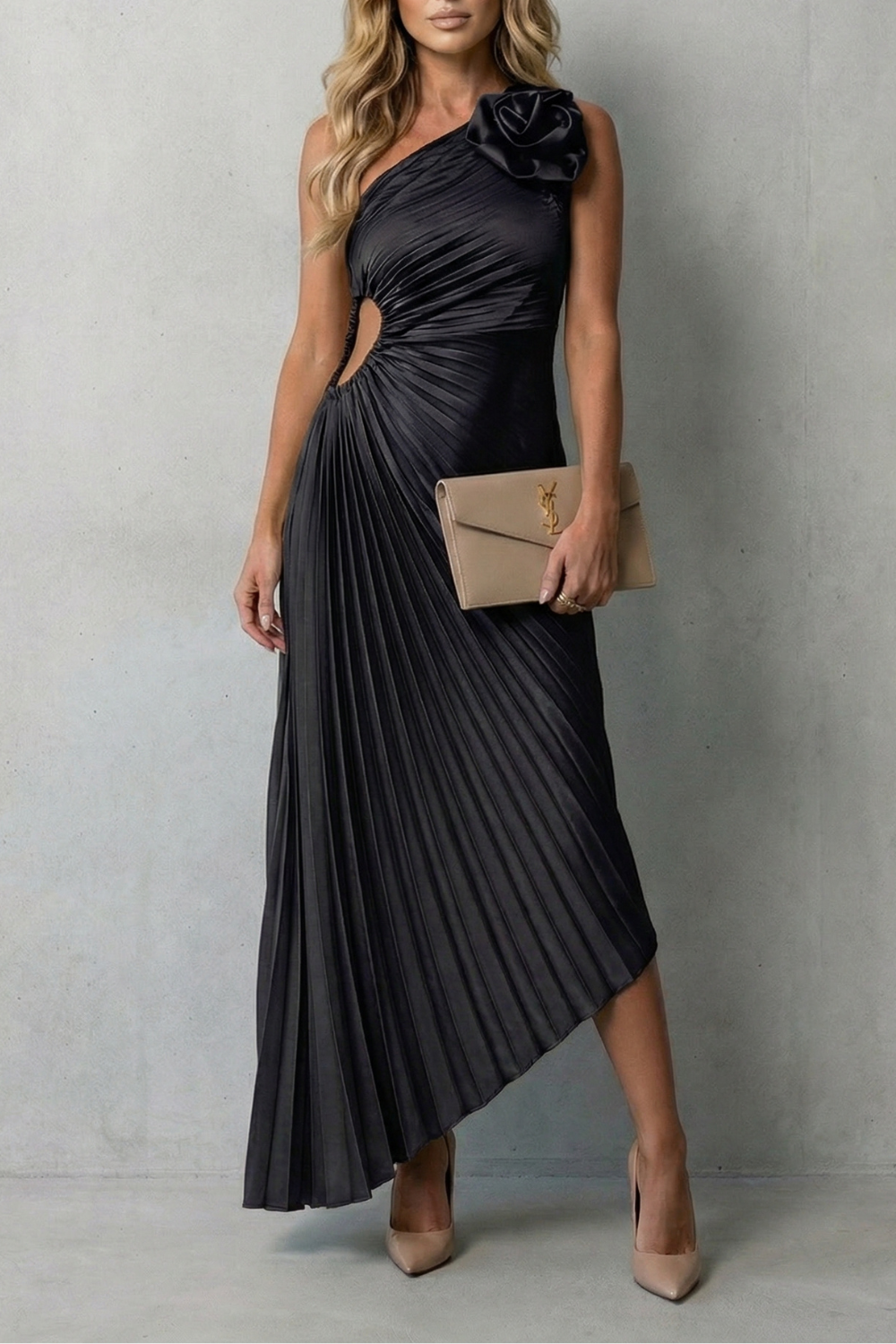 Felicity – Statement elegance – Women’s One-Shoulder Pleated Maxi Dress-10598813794647-OLVIA ROSE LONDON