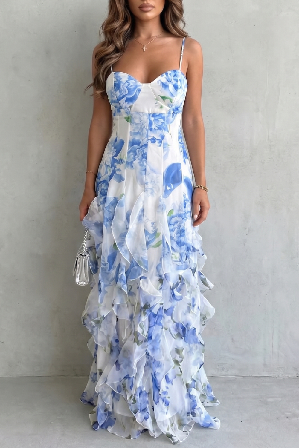 Fiorella – Watercolour bloom flow – Ruffled chiffon maxi dress-10601540616535-OLVIA ROSE LONDON