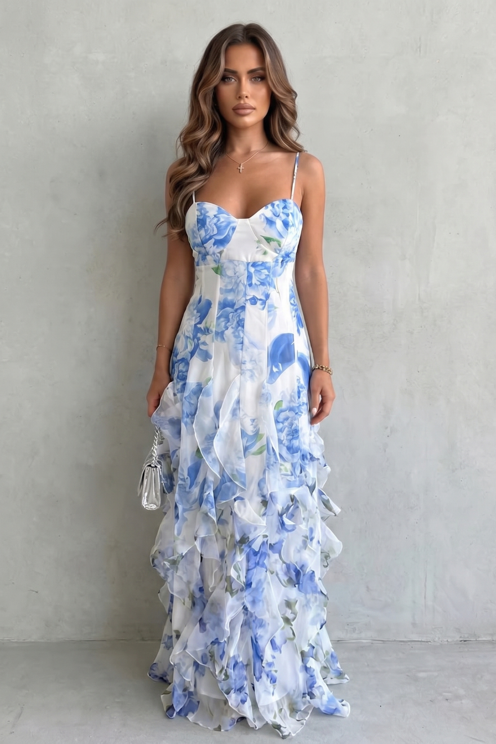 Fiorella – Watercolour bloom flow – Ruffled chiffon maxi dress-10601540616535-OLVIA ROSE LONDON