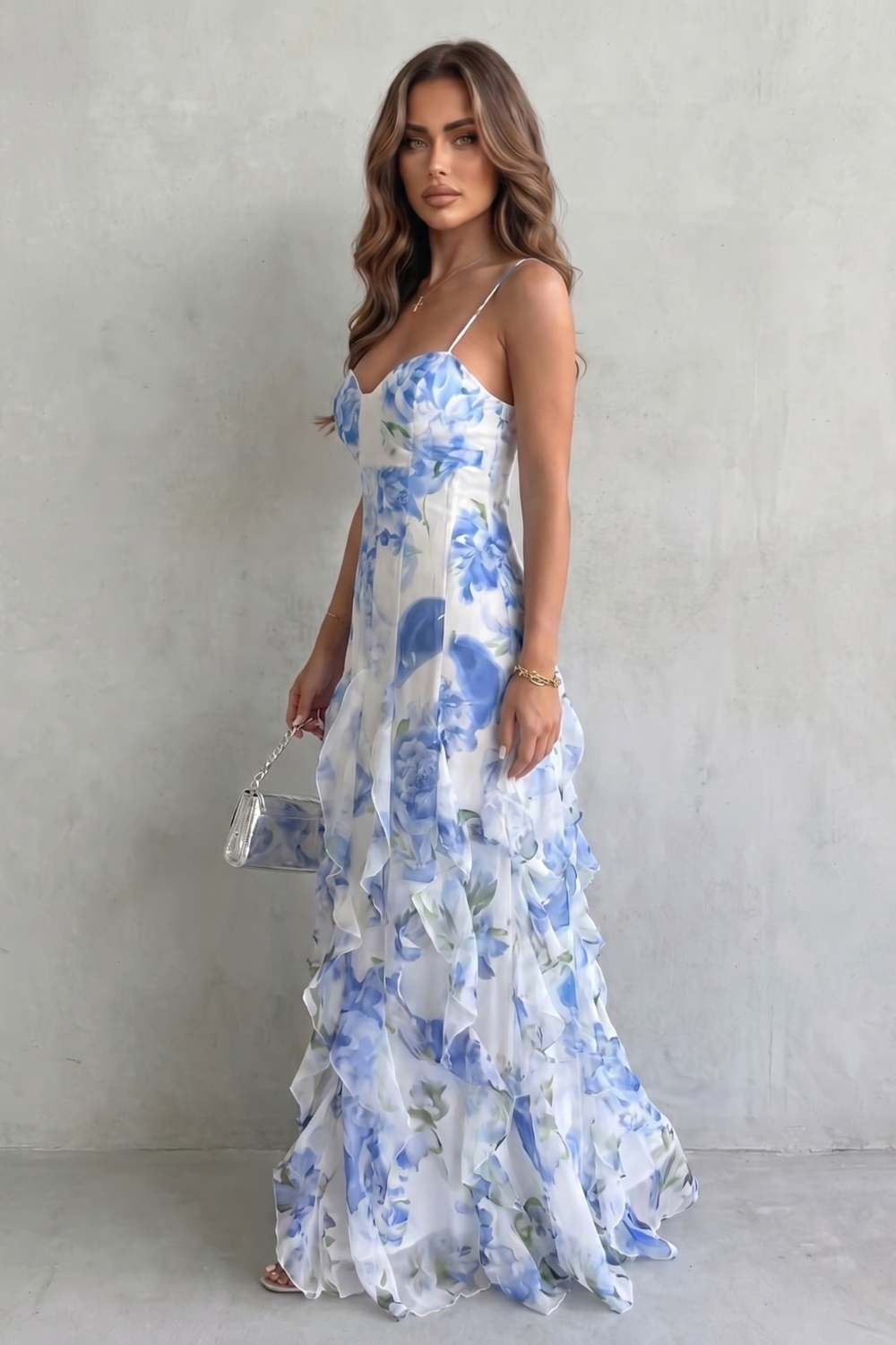 Fiorella – Watercolour bloom flow – Ruffled chiffon maxi dress-10601540616535-OLVIA ROSE LONDON
