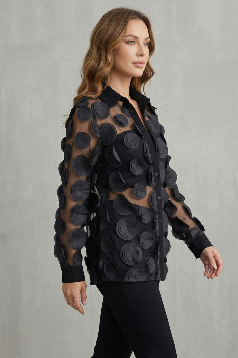 Floréline – Sheer floral appliqué design – Mesh blouse-10644576600407-OLVIA ROSE LONDON