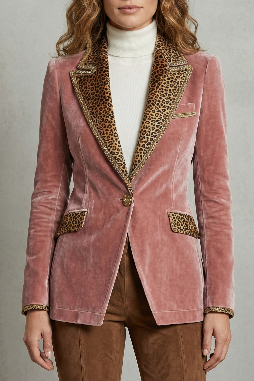 Léovelle – Leopard contrast elegant cut – Velvet blazer-10644576272727-OLVIA ROSE LONDON