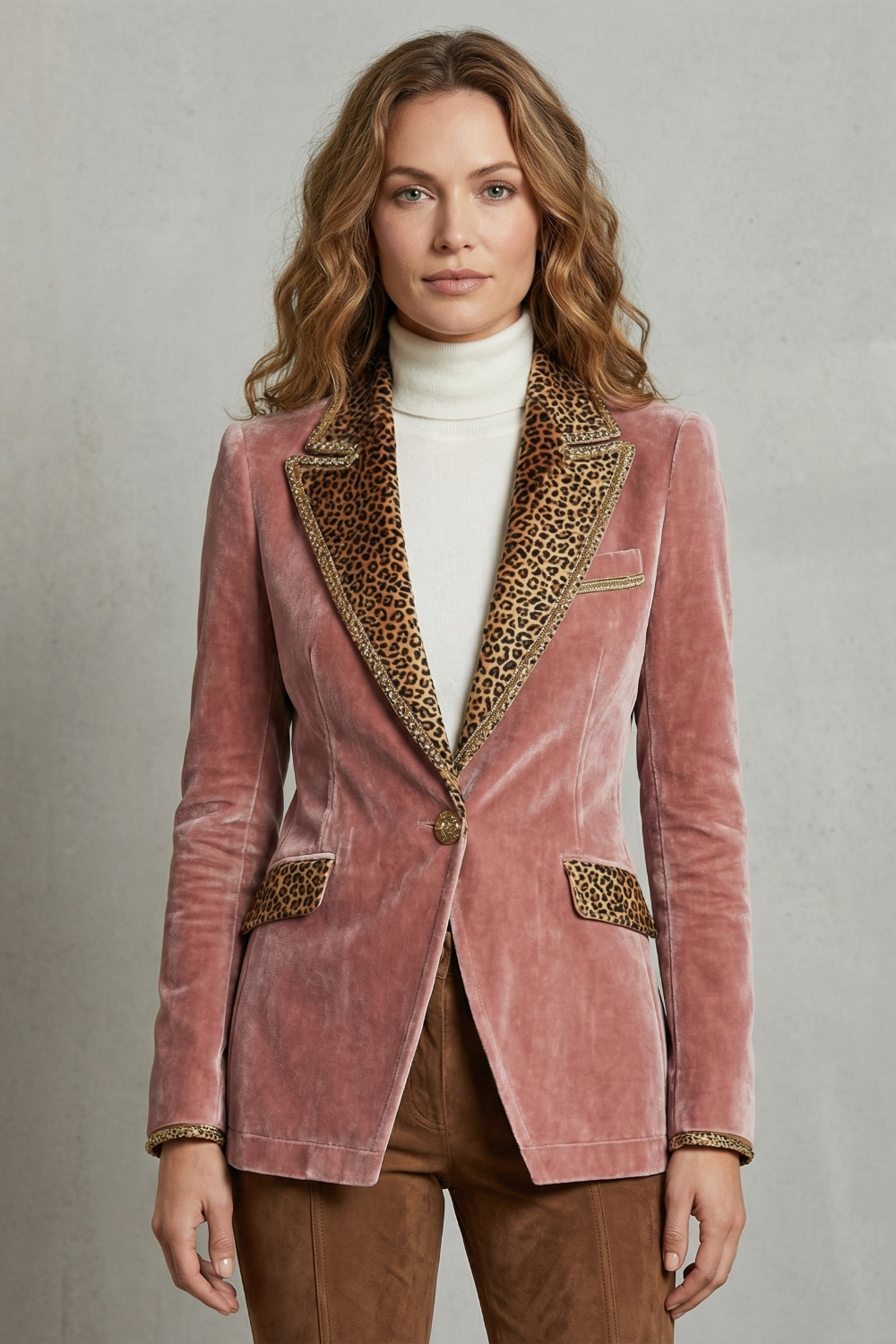 Léovelle – Leopard contrast elegant cut – Velvet blazer-10644576272727-OLVIA ROSE LONDON