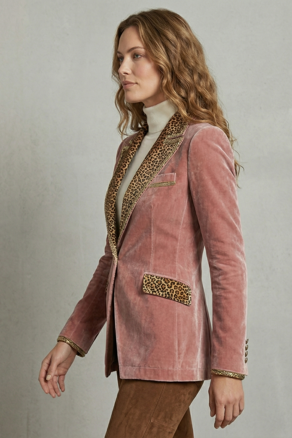 Léovelle – Leopard contrast elegant cut – Velvet blazer-10644576272727-OLVIA ROSE LONDON