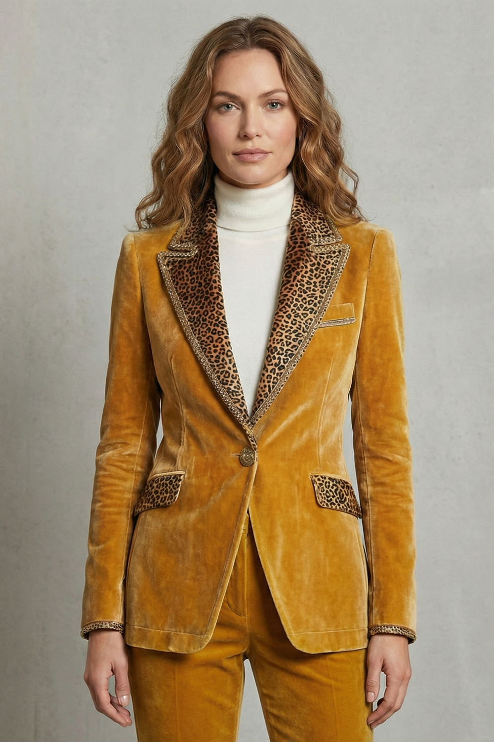 Léovelle – Leopard contrast elegant cut – Velvet blazer-10644576272727-OLVIA ROSE LONDON