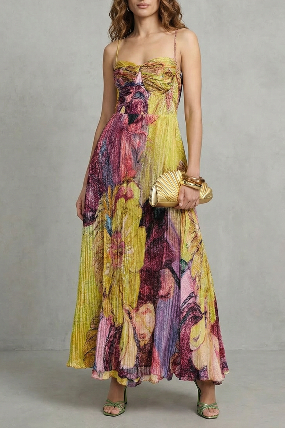 Lunézia – Watercolor floral pleats – Flowing maxi dress-10601573613911-OLVIA ROSE LONDON