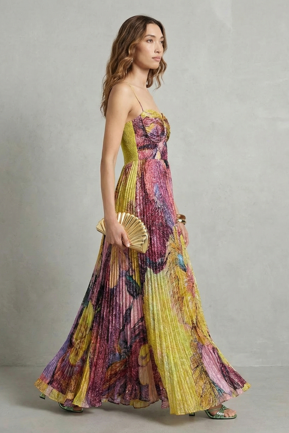Lunézia – Watercolor floral pleats – Flowing maxi dress-10601573613911-OLVIA ROSE LONDON