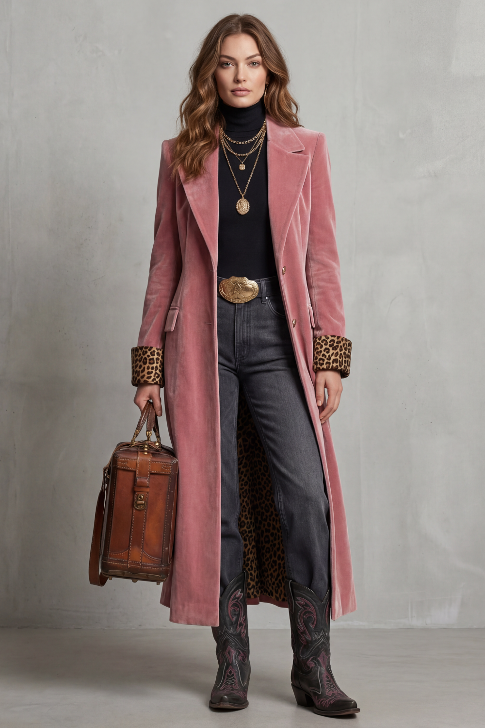 Lusavine – Leopard-lined velvet elegance – Long coat-10483590594903-OLVIA ROSE LONDON