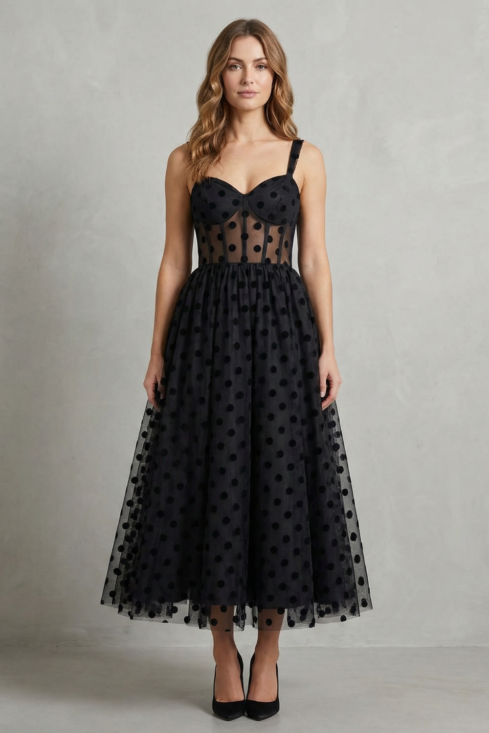 Noirabelle – Polka dot mesh elegance – Midi dress