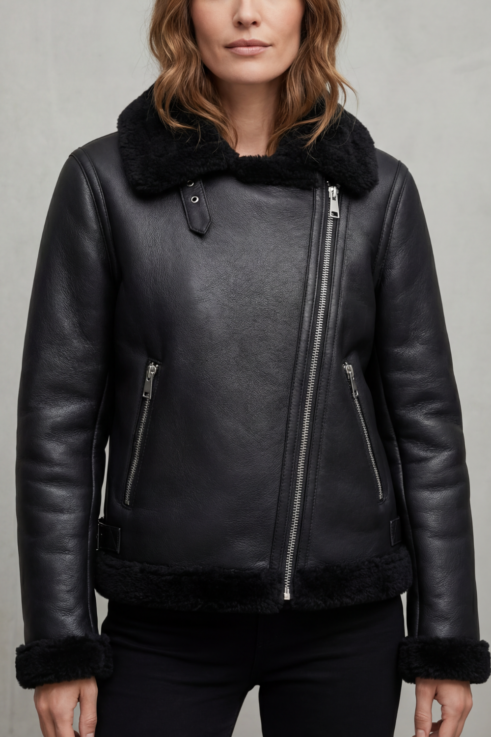 Noirellé – Asymmetric zip – Shearling biker jacket-10482498142551-OLVIA ROSE LONDON