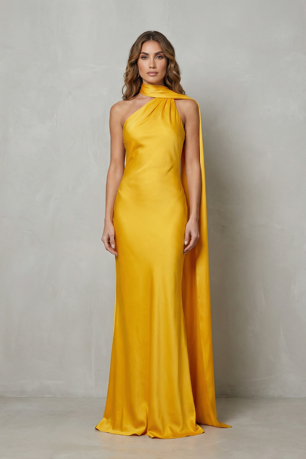 Orlianne – Draped neckline cascade – Satin mermaid gown-10601540780375-OLVIA ROSE LONDON