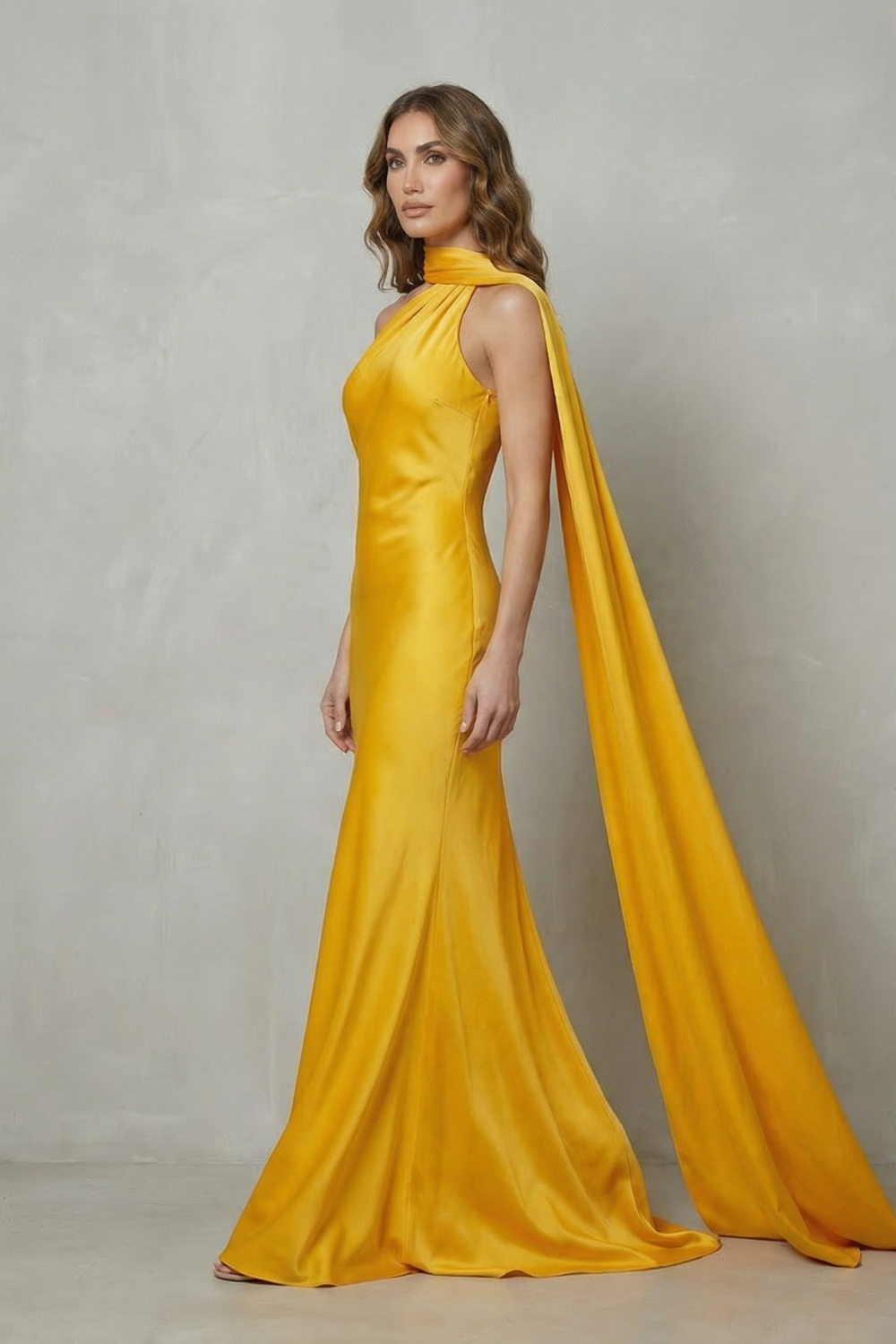 Orlianne – Draped neckline cascade – Satin mermaid gown-10601540780375-OLVIA ROSE LONDON