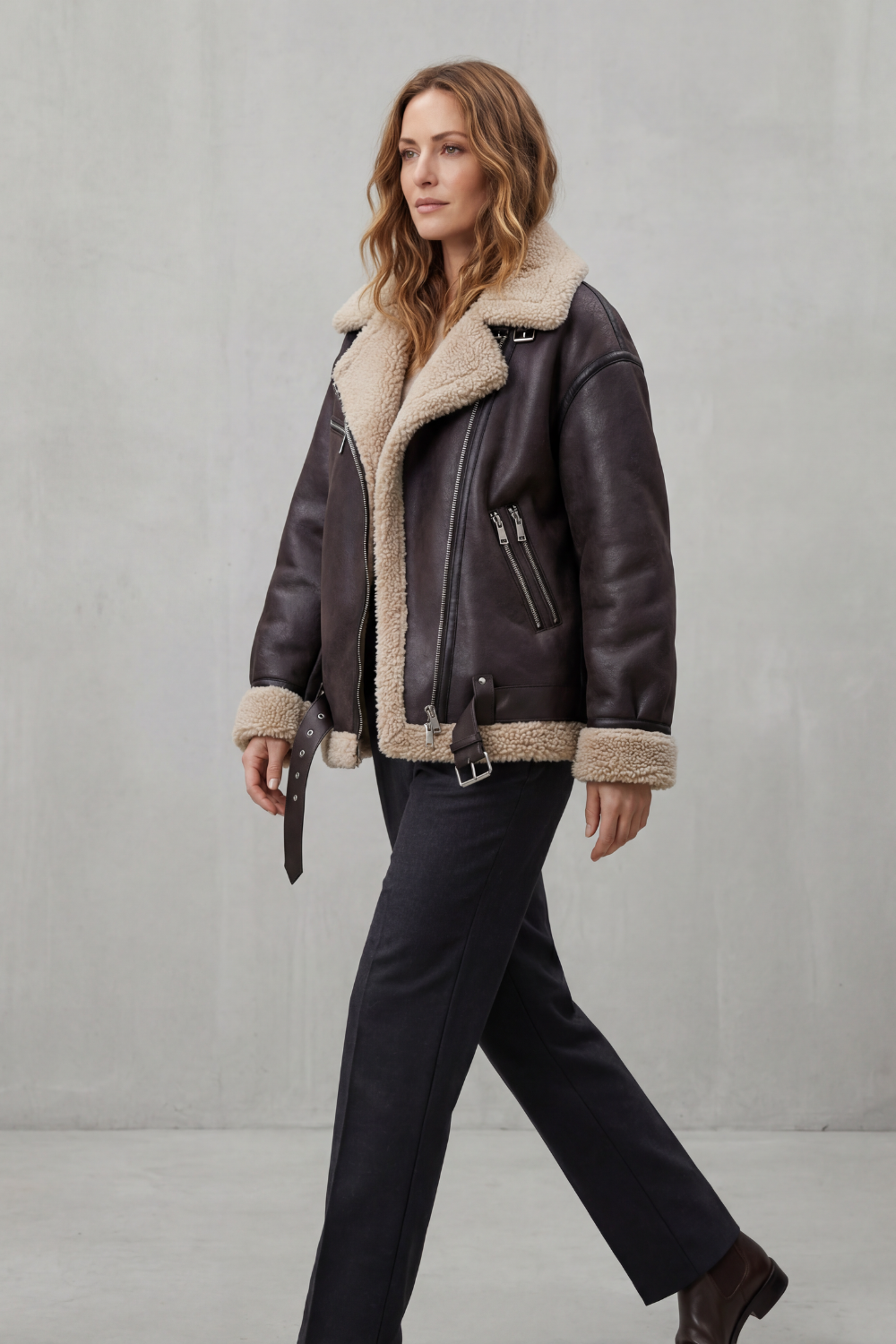 Rouxvelle – Belted shearling trim – Aviator coat-10482624364887-OLVIA ROSE LONDON