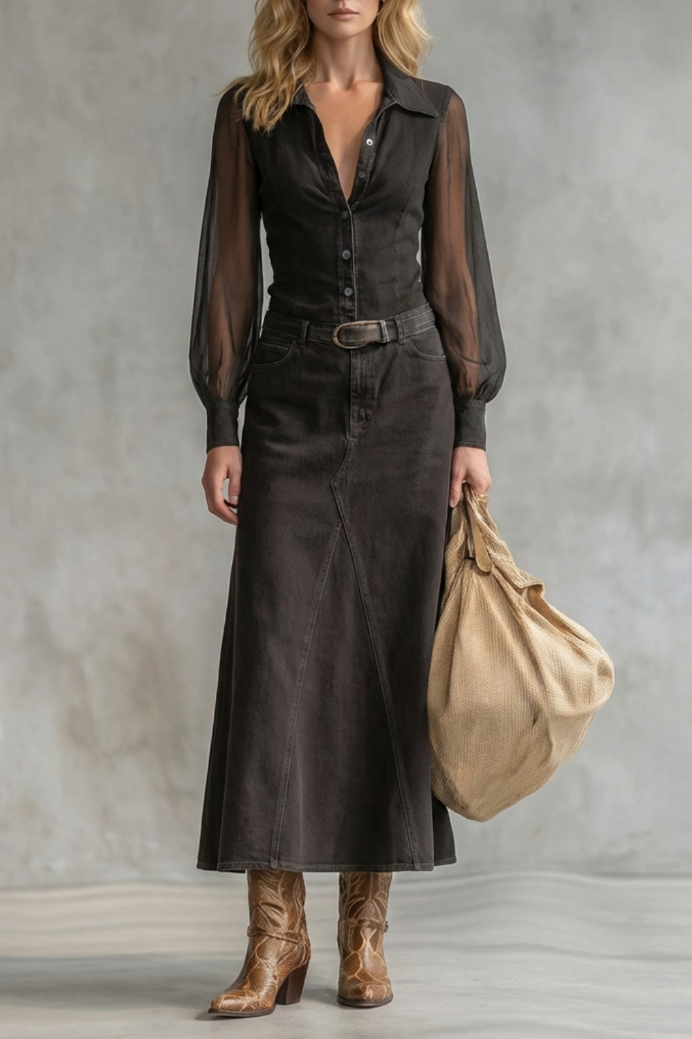 Savannah – Sheer Sleeve Denim Shirt Dress – Western-Chic Statement-10494058201431-OLVIA ROSE LONDON