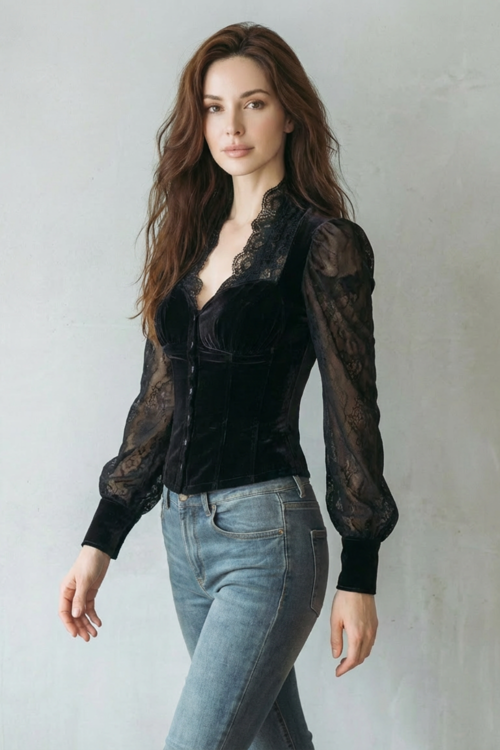 Serevine – Lace spliced elegance – Velvet fitted blouse-10497651147095-OLVIA ROSE LONDON