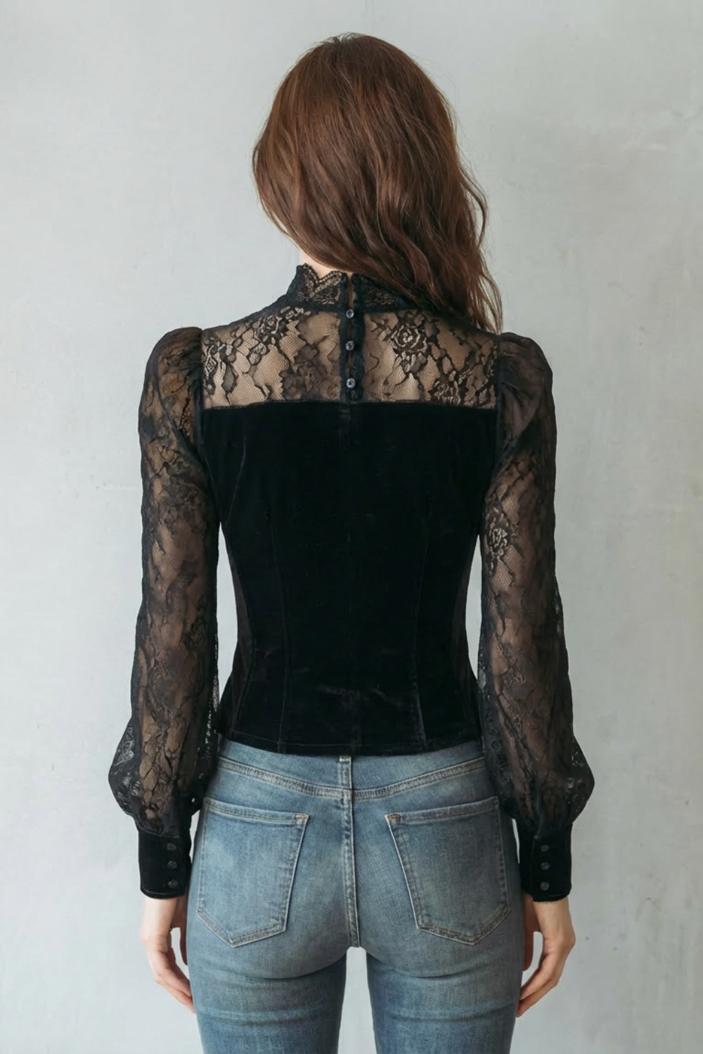 Serevine – Lace spliced elegance – Velvet fitted blouse-10497651147095-OLVIA ROSE LONDON