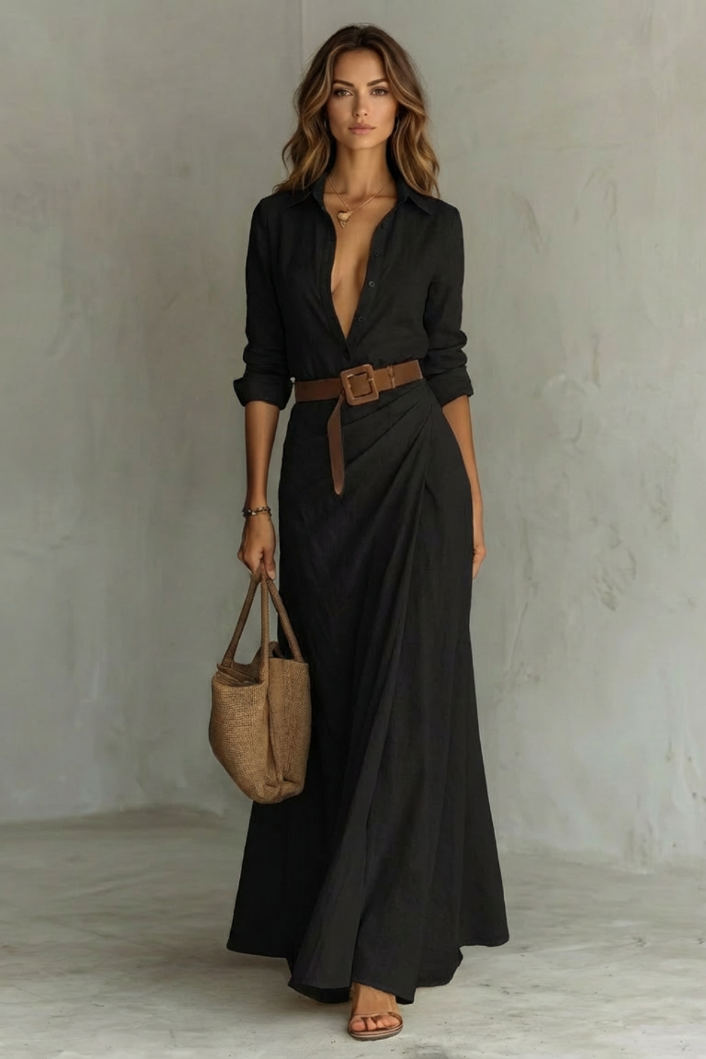 Sienna – Elegant Pleated Belted Dress – Autumn Solid Color Long Shirt Dress-10494046732631-OLVIA ROSE LONDON