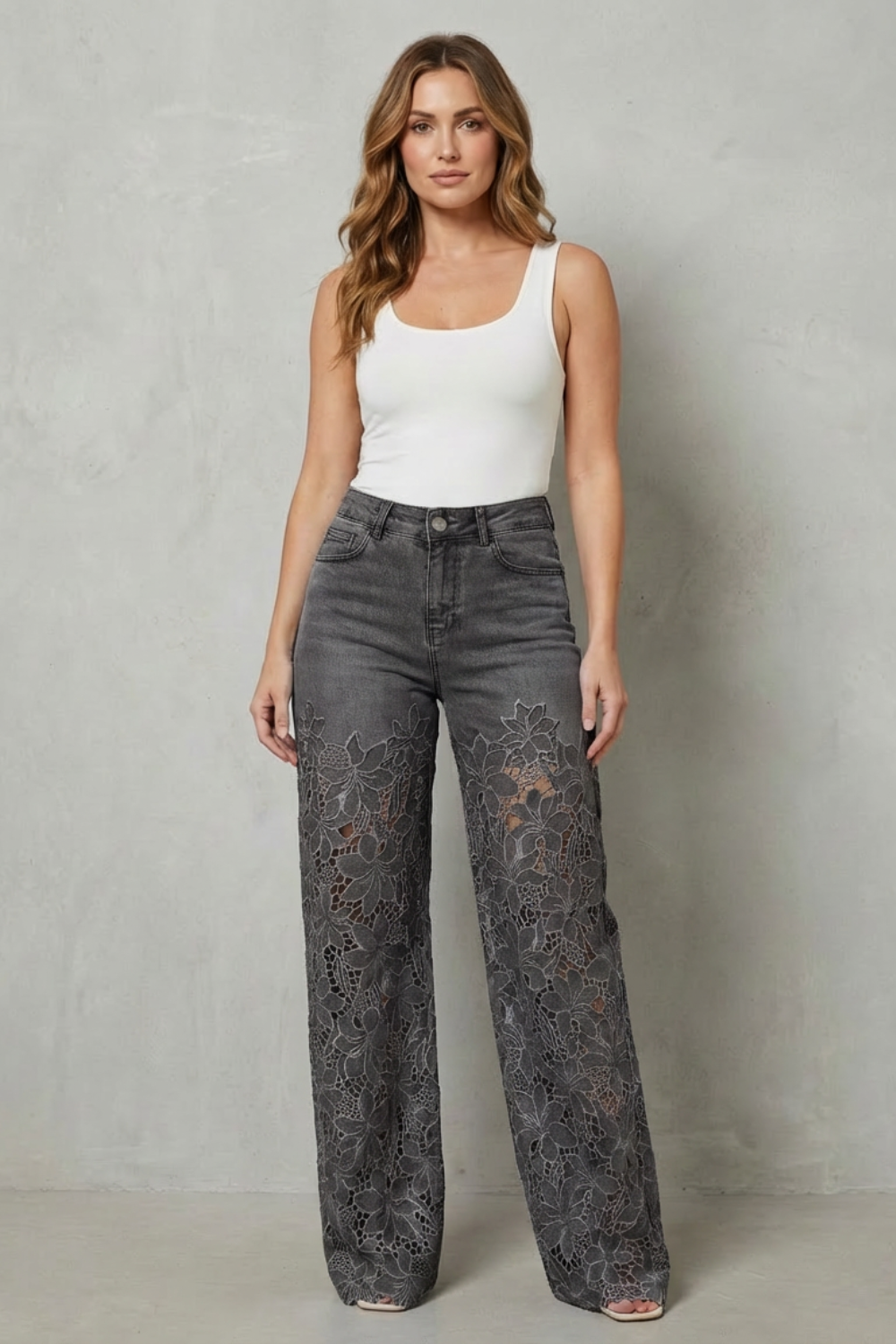 Solérine – Floral lace overlay – Wide-leg denim jeans-10507968676183-OLVIA ROSE LONDON